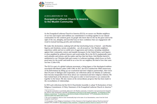 A Declaration of the ELCA to the Muslim Community